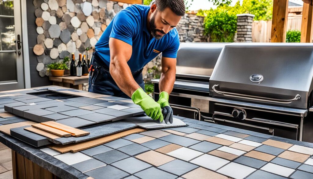 DIY outdoor kitchen backsplash installation