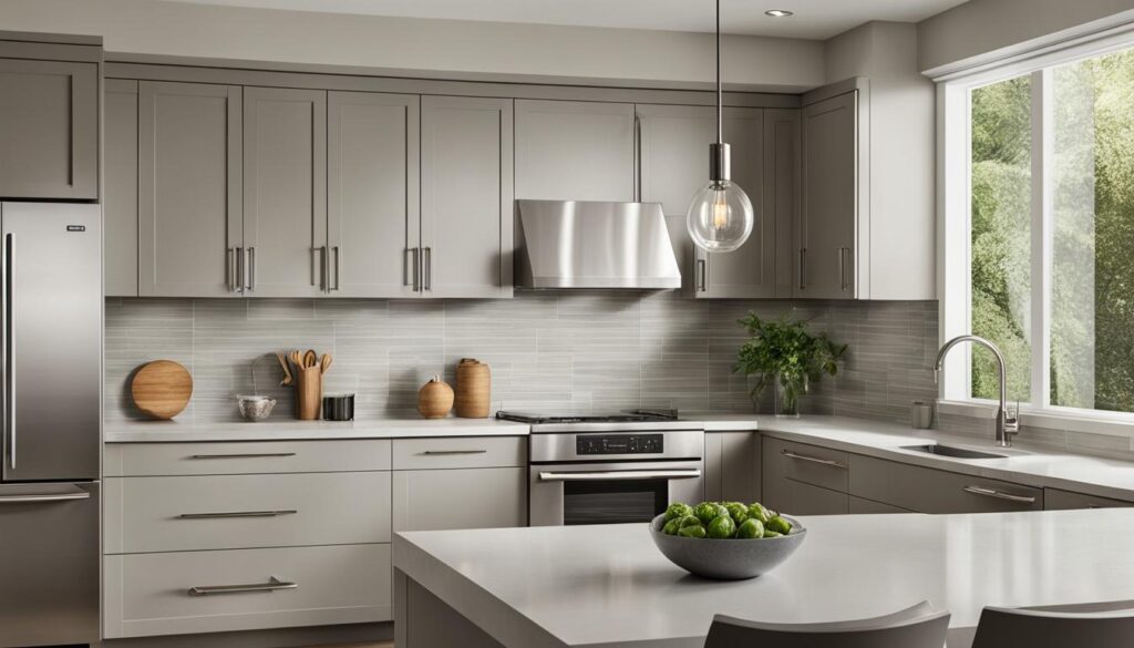 Greige color scheme in contemporary kitchen cabinets