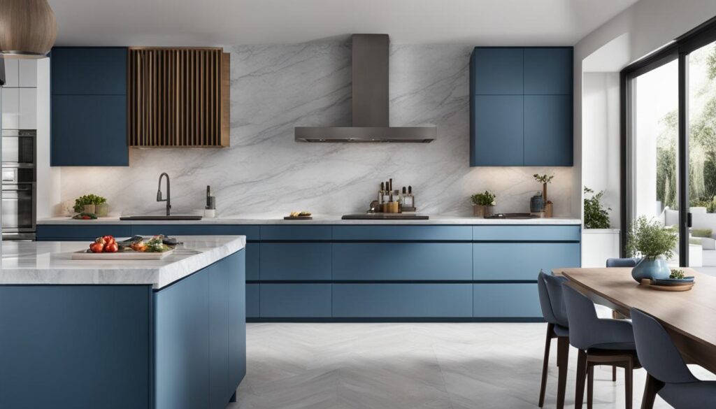 Two tone blue and white kitchen cabinets