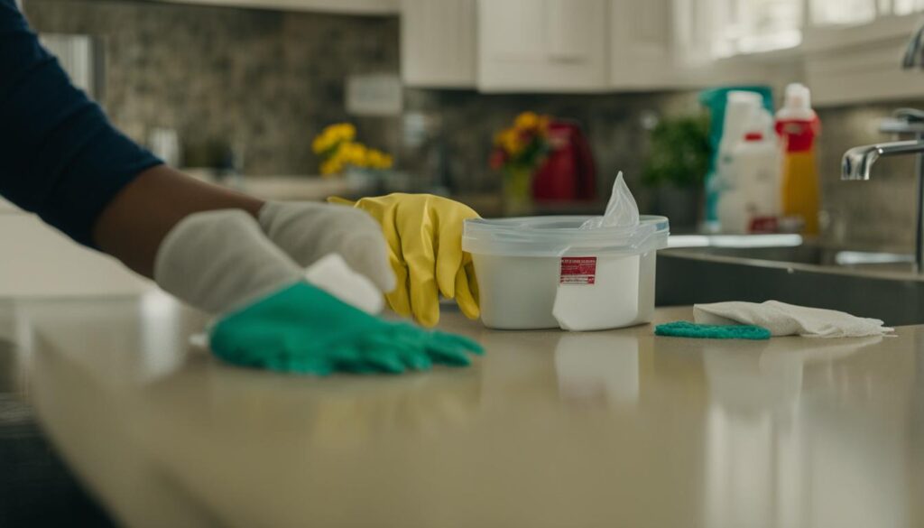 cleaning up mouse droppings in kitchen