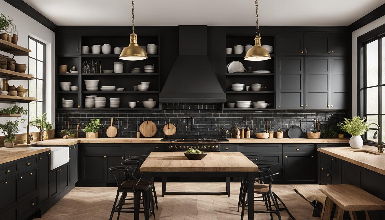 farmhouse black kitchen cabinets