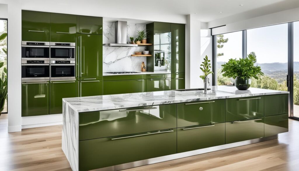 modern kitchen with olive green cabinets