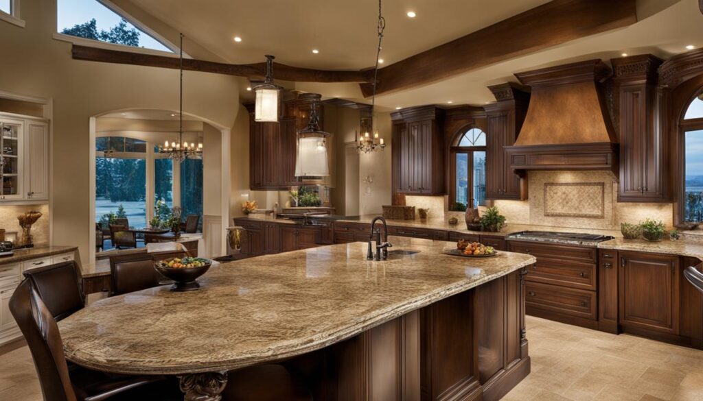 open concept kitchen island with columns