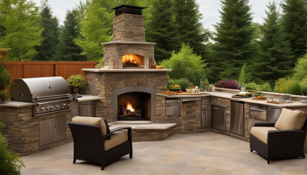 outdoor kitchen and fireplace