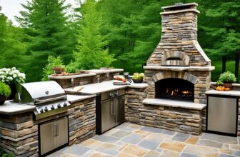 outdoor kitchen and fireplace