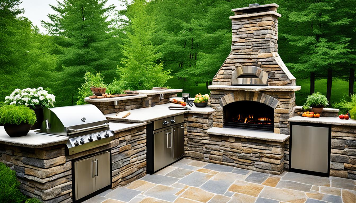 outdoor kitchen and fireplace