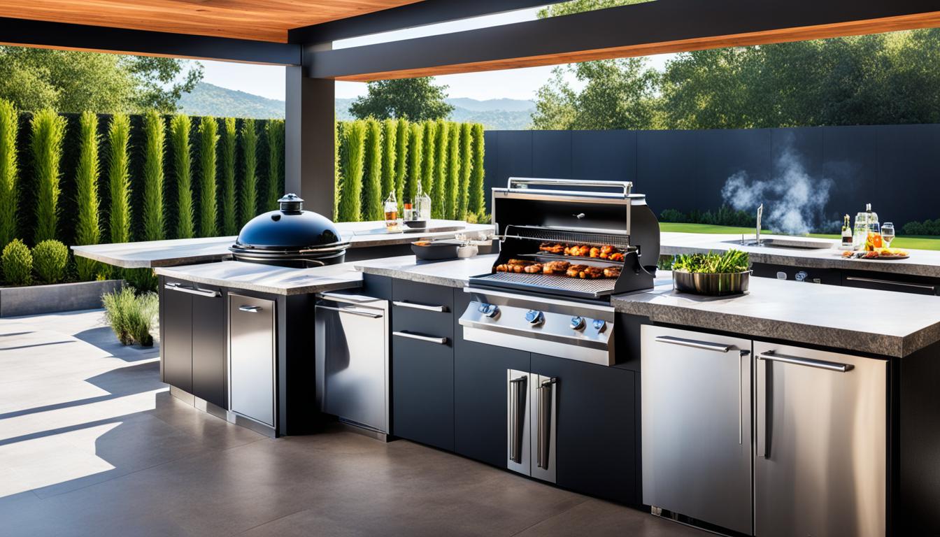 outdoor kitchen with smoker