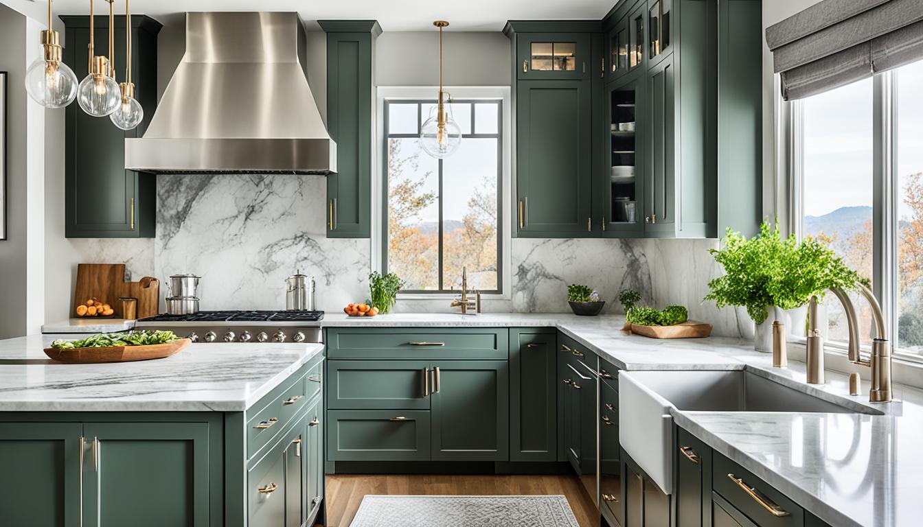 pewter green kitchen cabinets