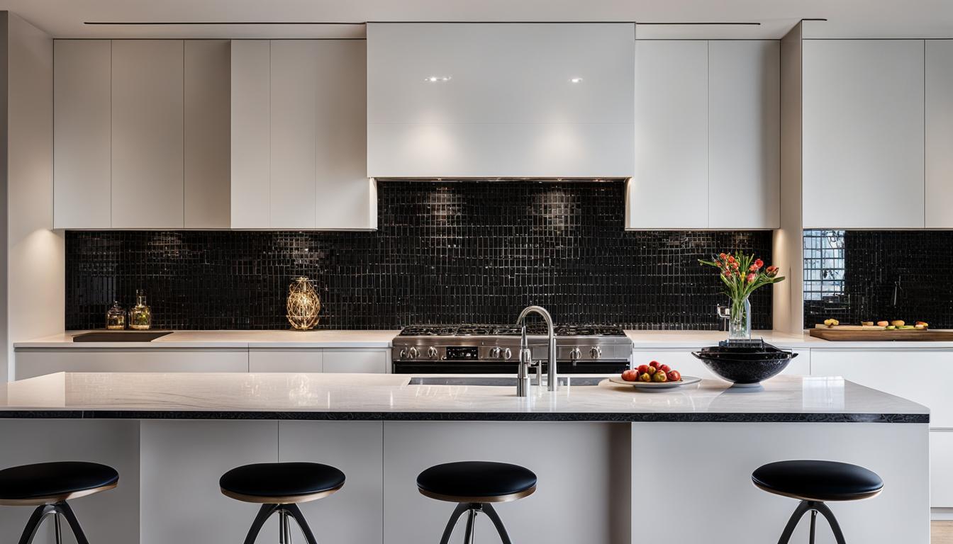 white kitchen black backsplash